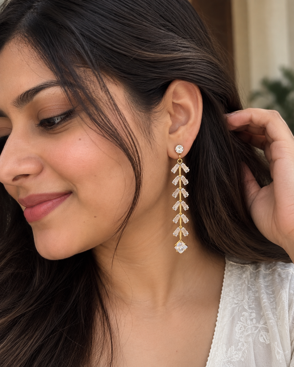 Crystal Leaf Drop Earrings (American Diomond)