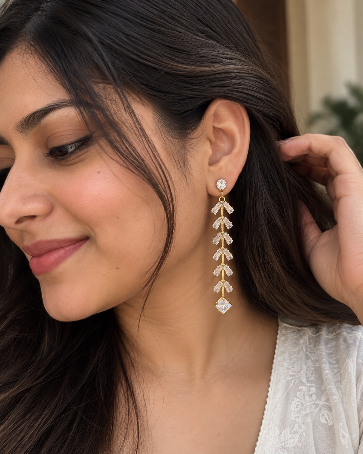 Crystal Leaf Drop Earrings (American Diomond)