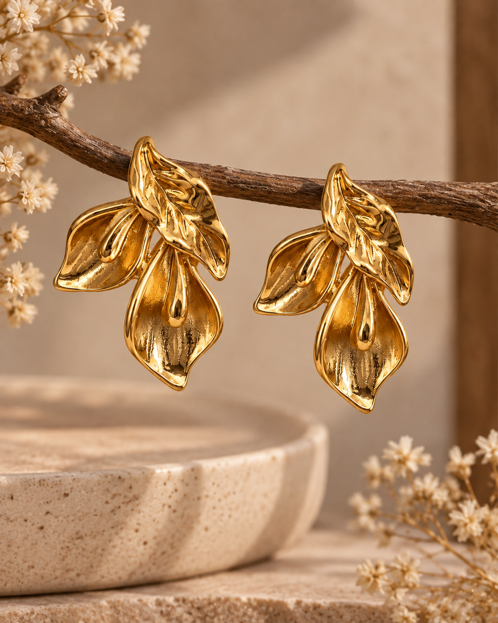 Golden Floral Petal Stud Earrings