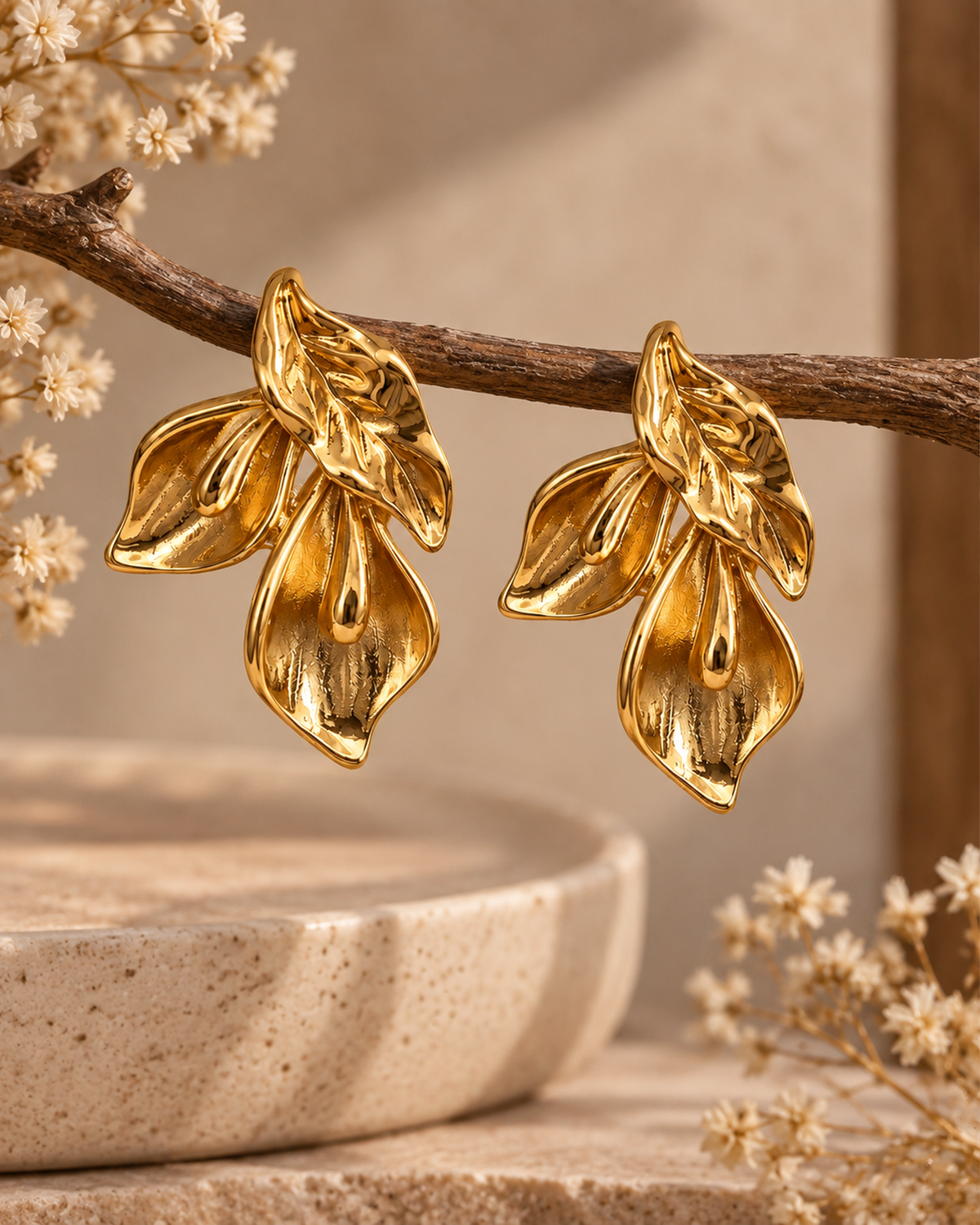 Golden Floral Petal Stud Earrings