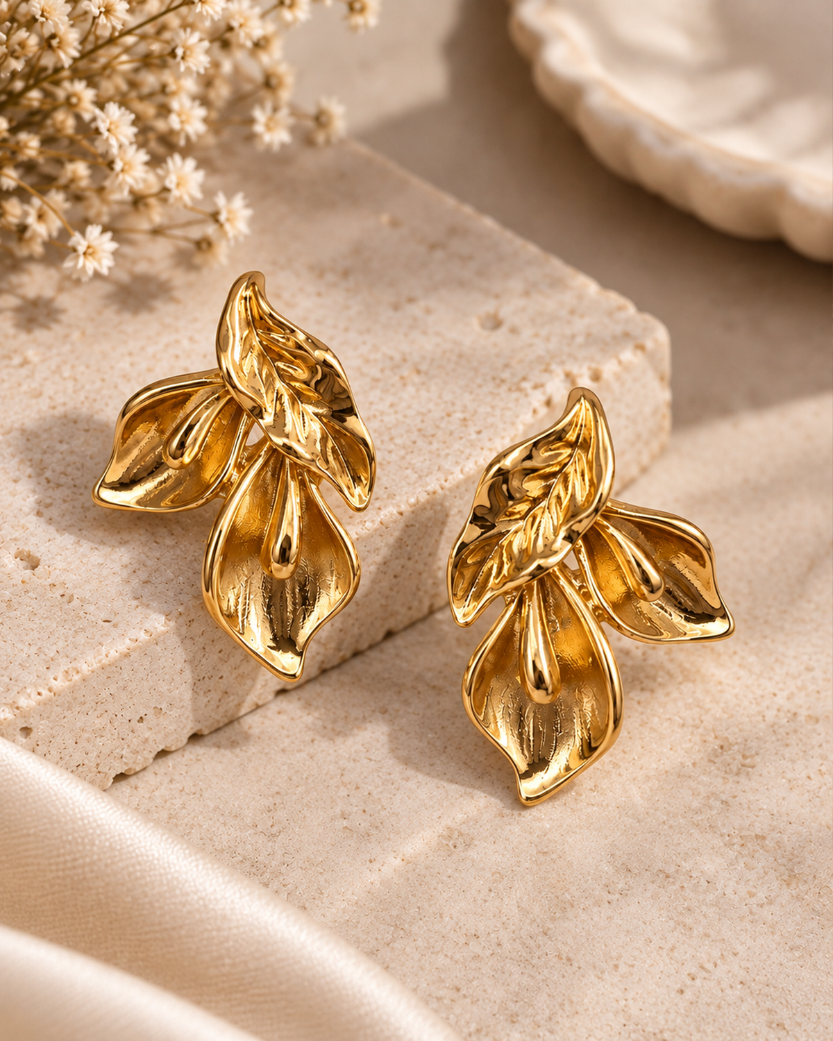 Golden Floral Petal Stud Earrings