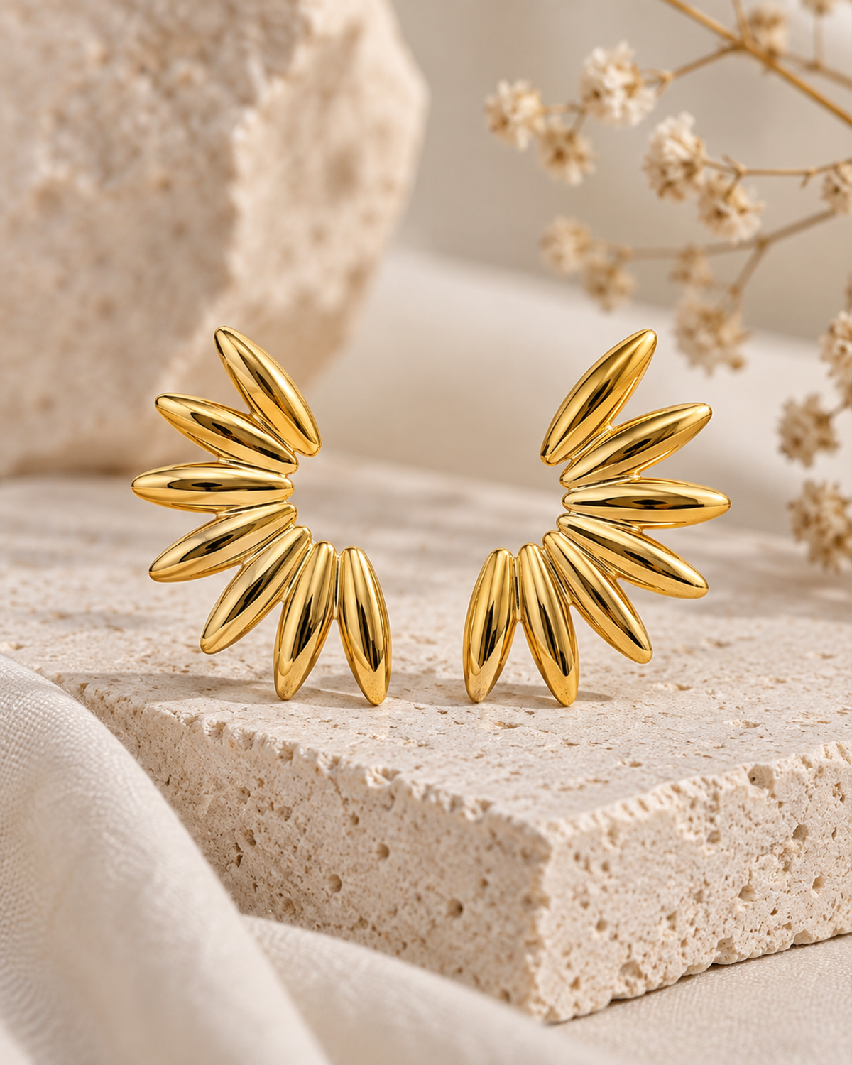 Golden Sunburst Leaf Stud Earrings (Anti Tarnish)