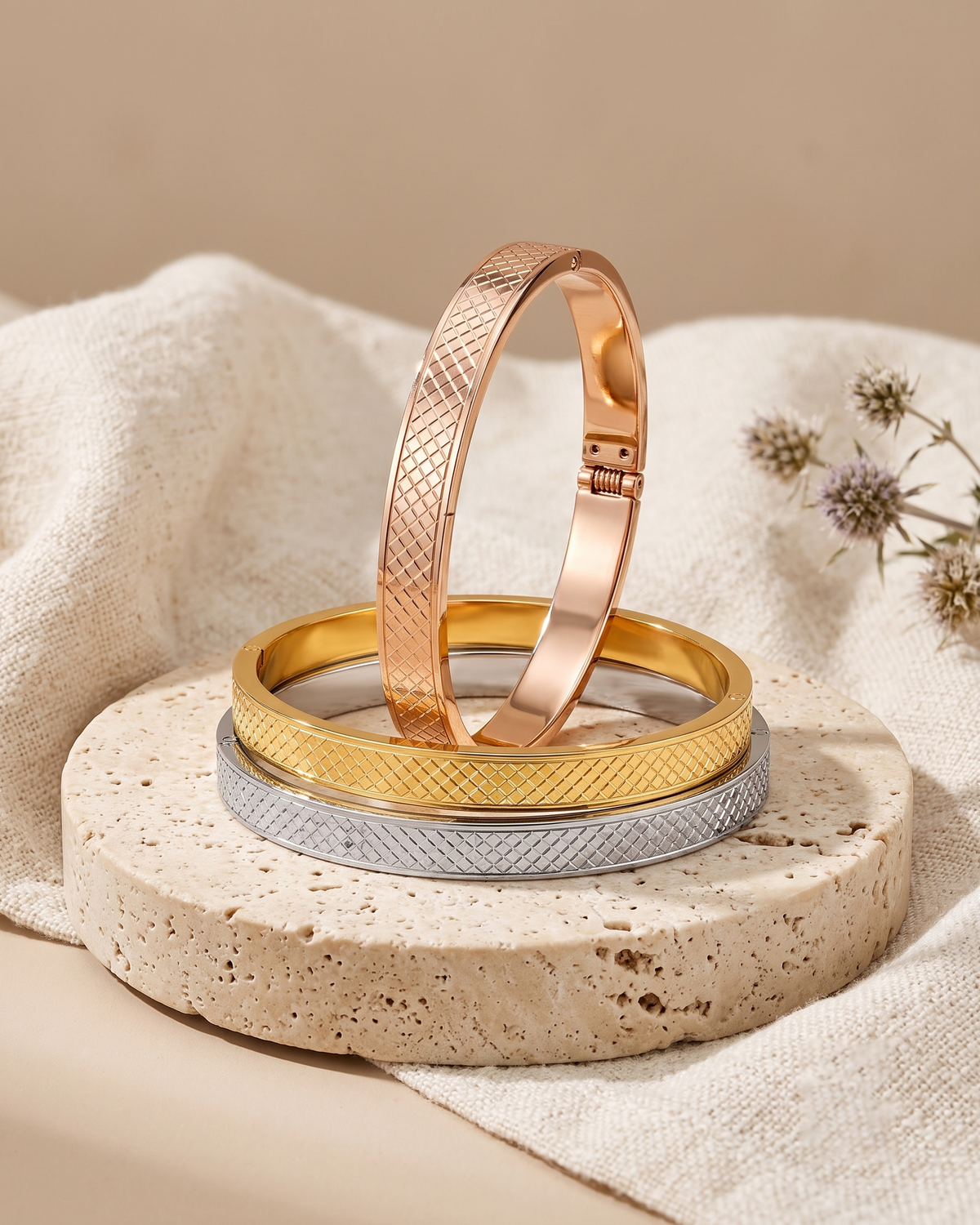 Textured Bangle Bracelet Set - Pack of 3 (Anti Tarnish)