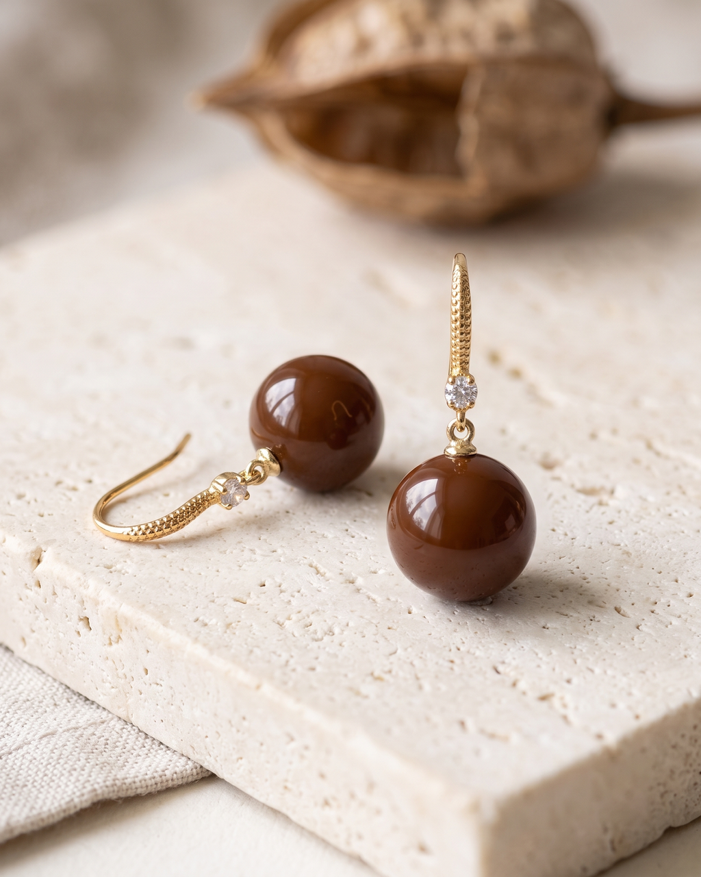 Brown Pearl Gold Drop Earrings