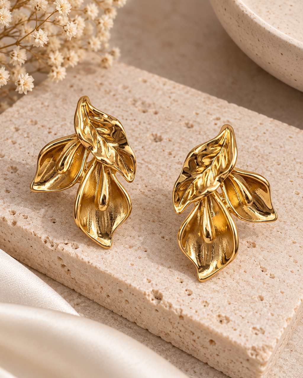 Golden Floral Petal Stud Earrings