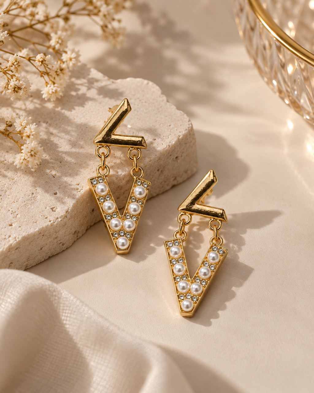 Pearl V-Shaped Statement Drop Earrings