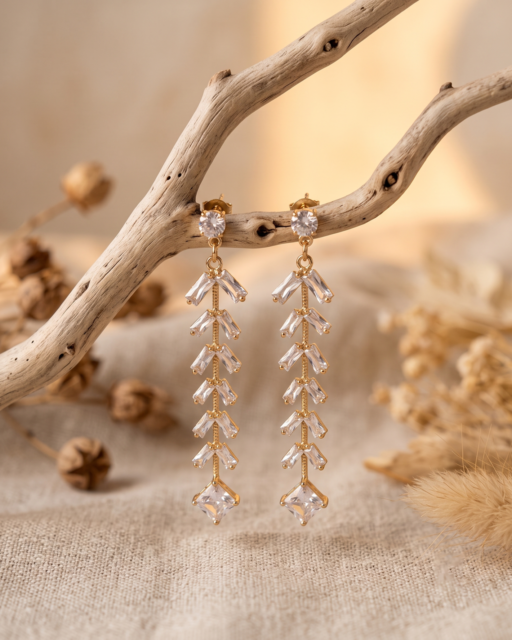Crystal Leaf Drop Earrings (American Diomond)