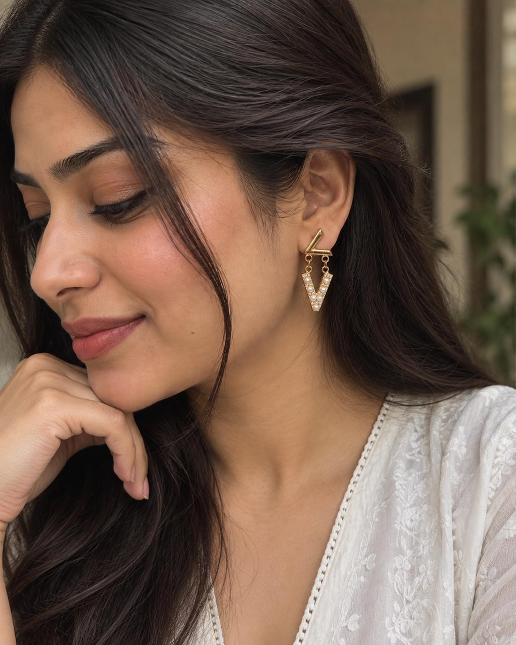 Pearl V-Shaped Statement Drop Earrings
