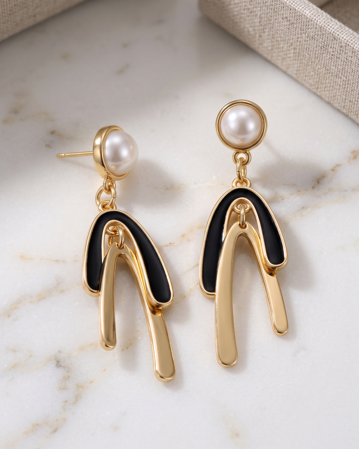 Black & Gold Pearl Statement Drop Earrings (Anti Tarnish)