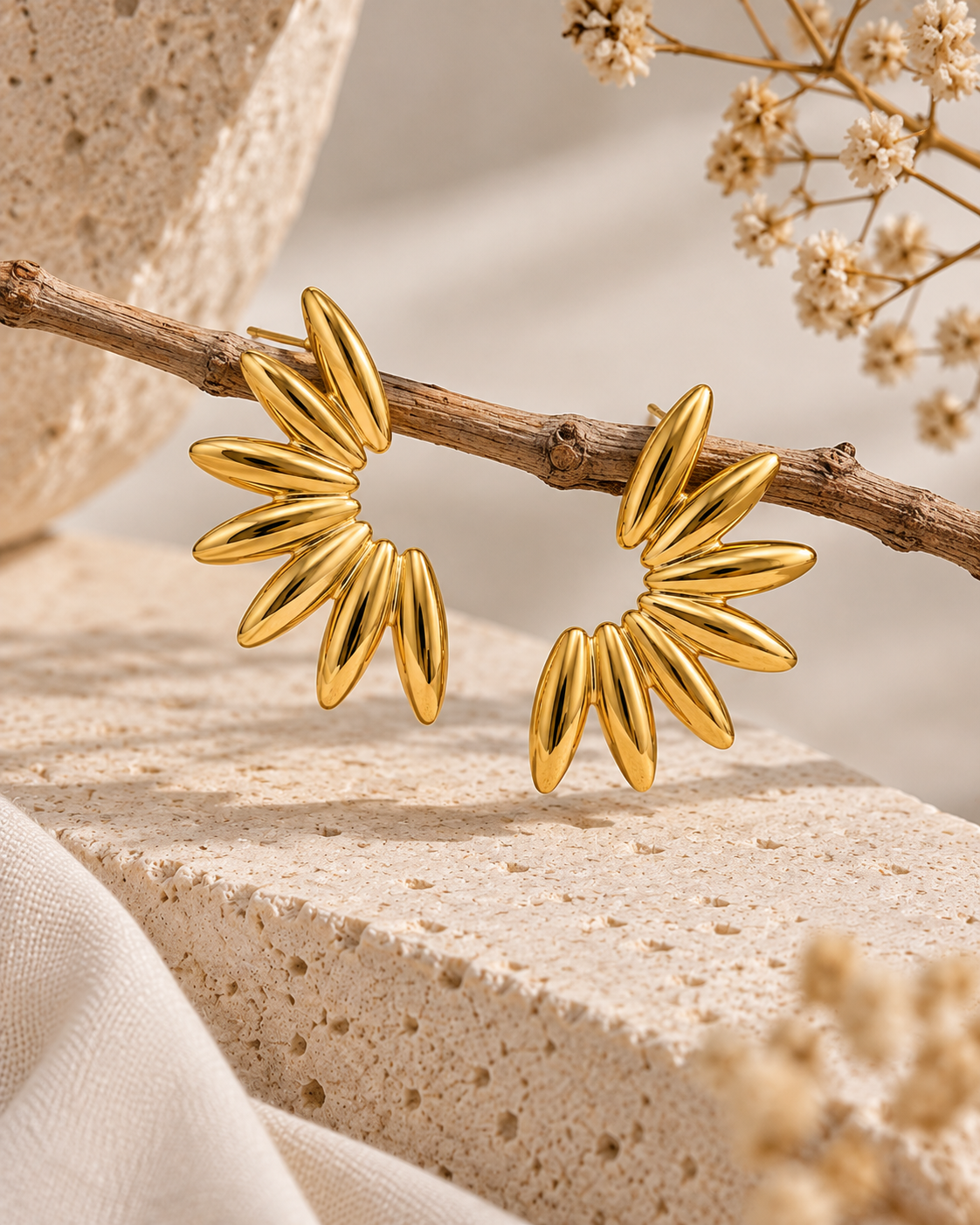 Golden Sunburst Leaf Stud Earrings (Anti Tarnish)