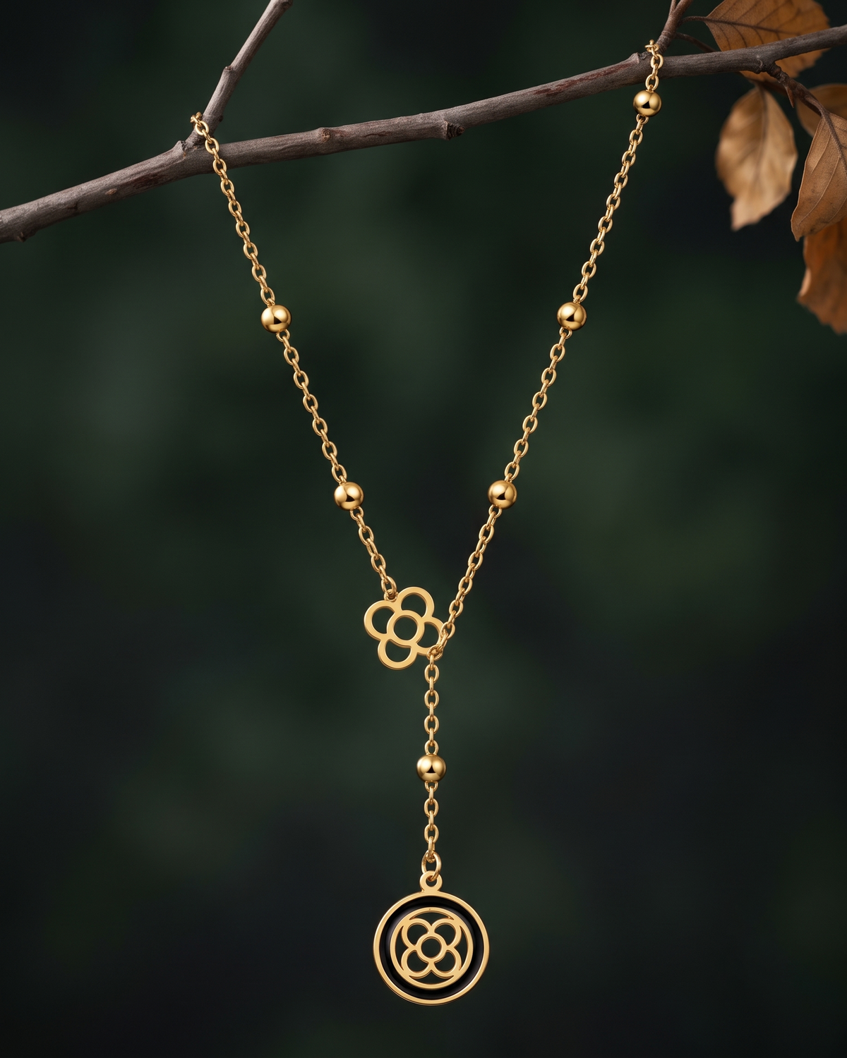 Golden Clover Lariat Necklace with Black Accent (Anti Tarnish)