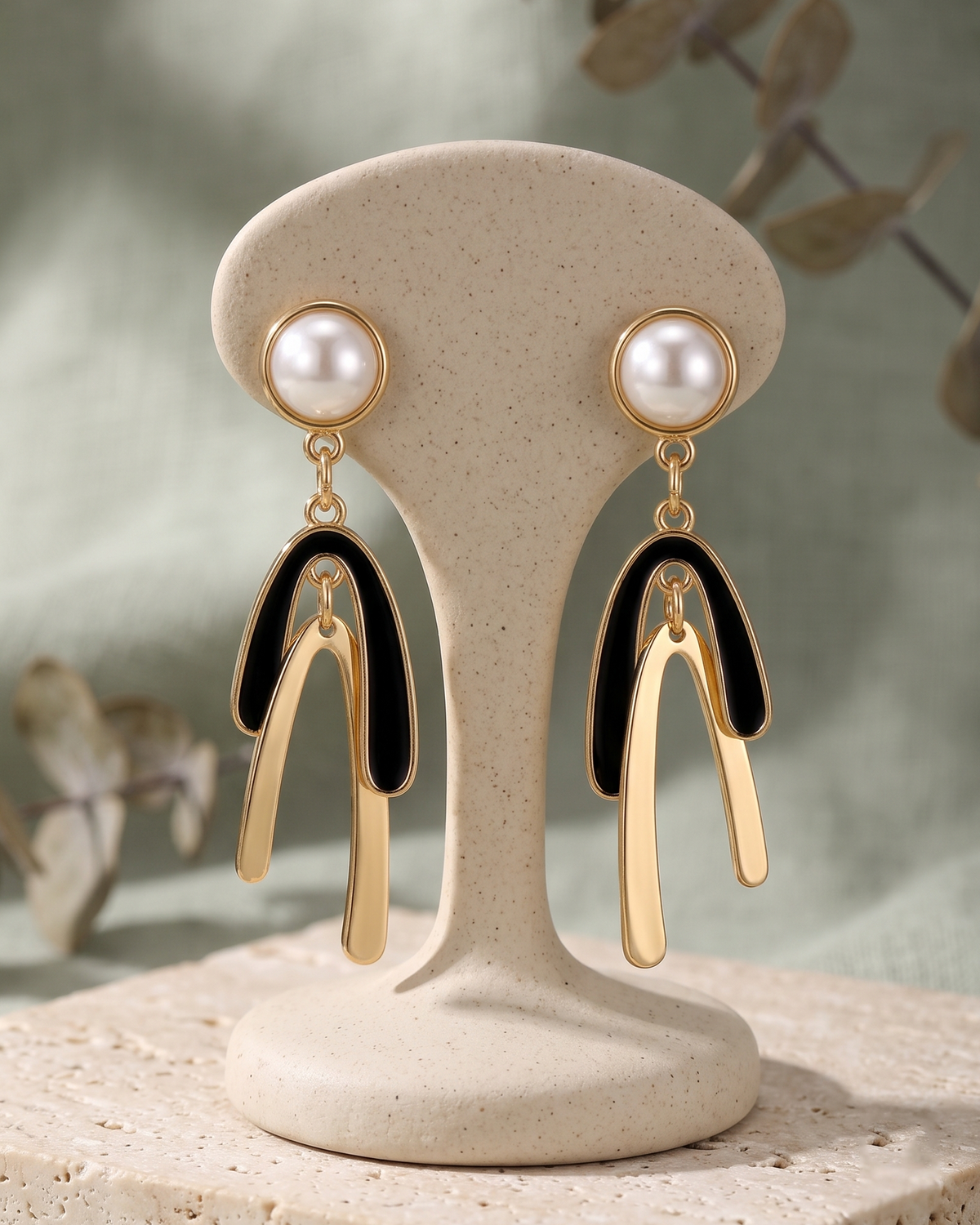 Black & Gold Pearl Statement Drop Earrings (Anti Tarnish)