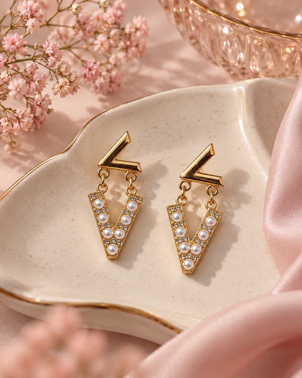 Pearl V-Shaped Statement Drop Earrings
