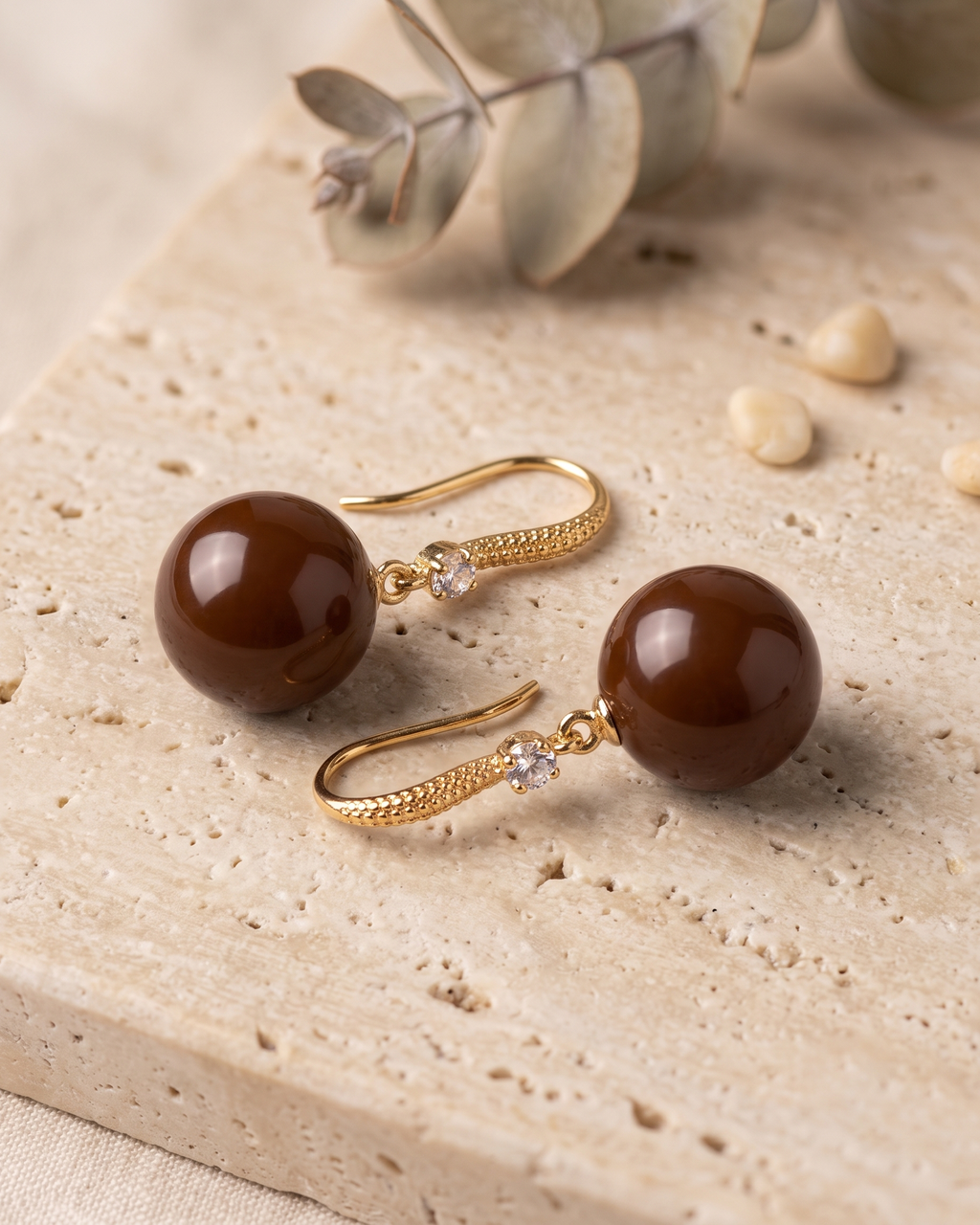 Brown Pearl Gold Drop Earrings