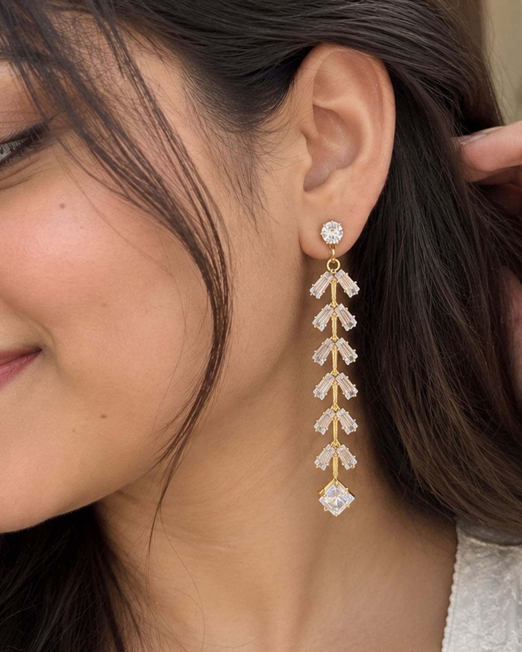 Crystal Leaf Drop Earrings (American Diomond)