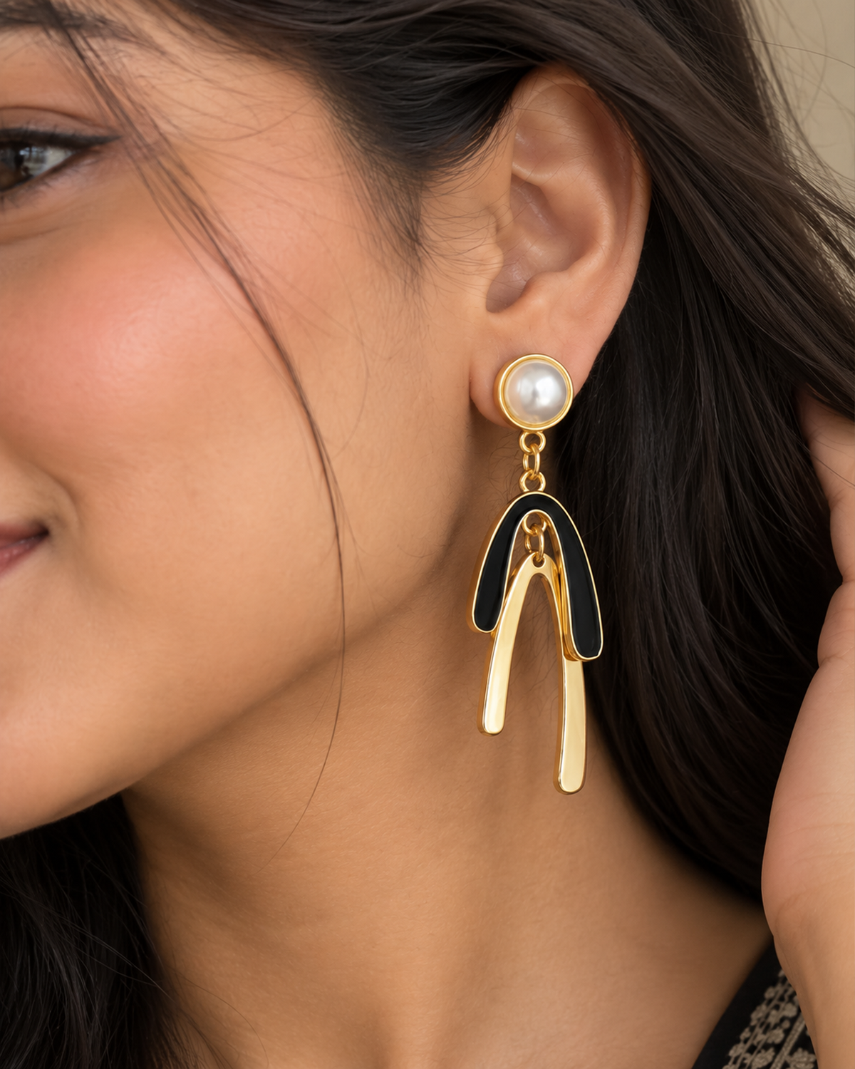 Black & Gold Pearl Statement Drop Earrings (Anti Tarnish)