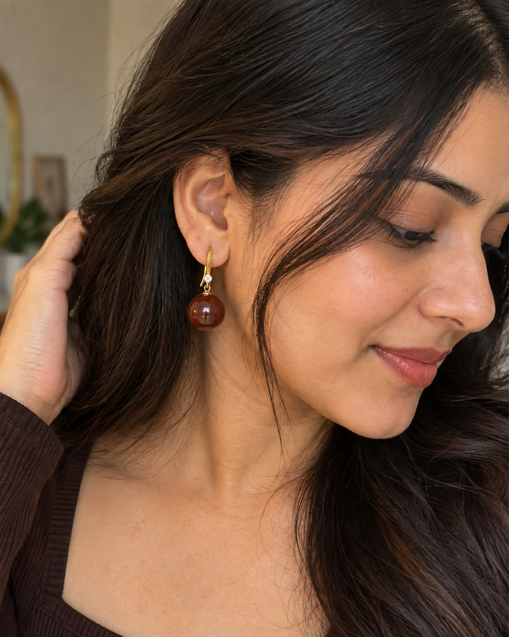 Brown Pearl Gold Drop Earrings