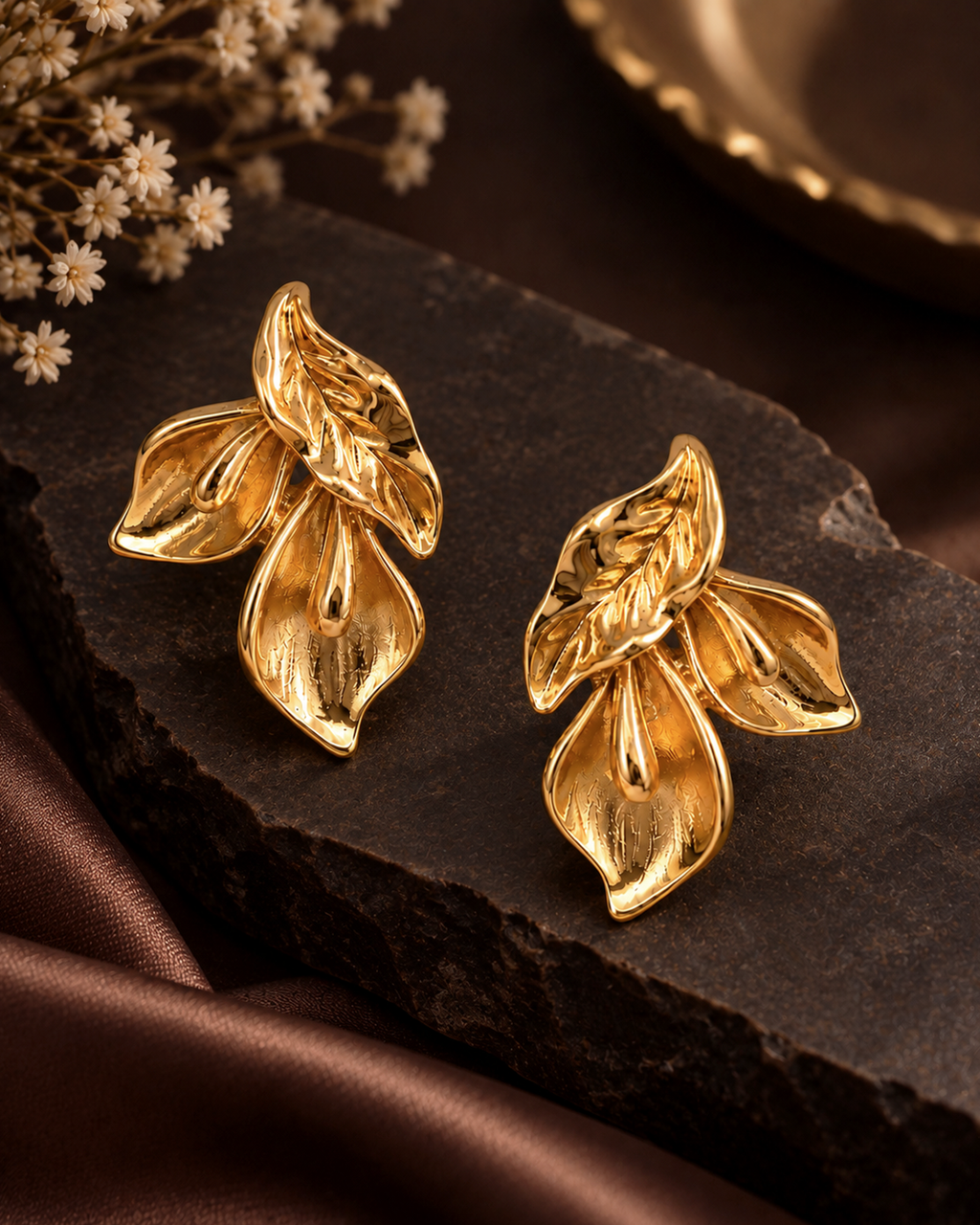Golden Floral Petal Stud Earrings