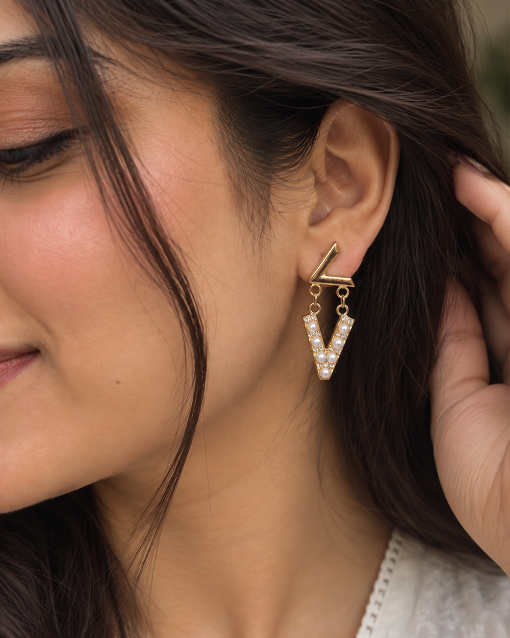 Pearl V-Shaped Statement Drop Earrings