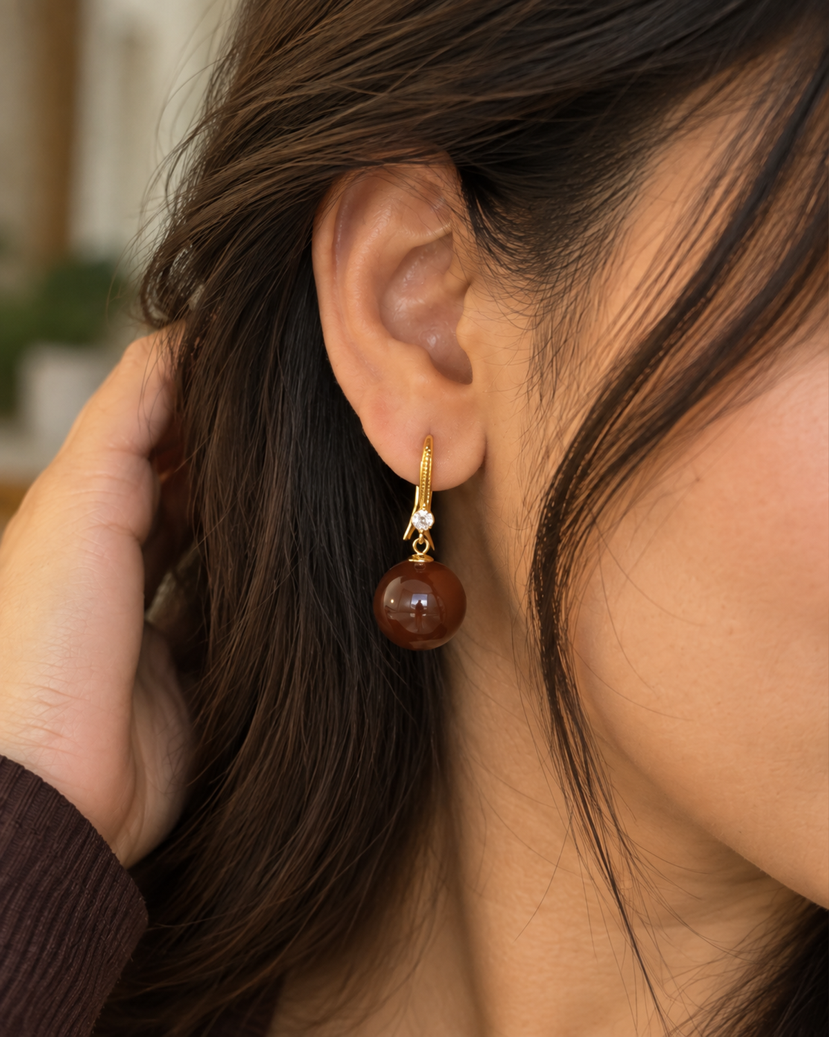 Brown Pearl Gold Drop Earrings