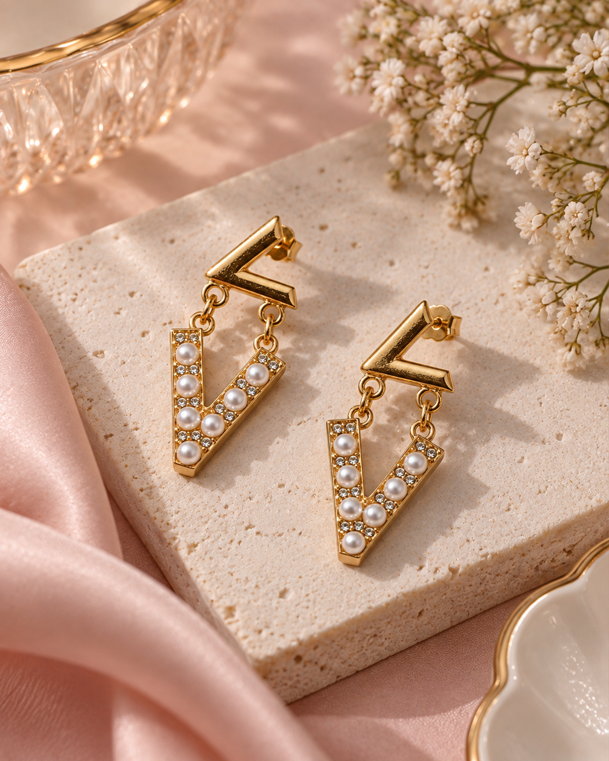 Pearl V-Shaped Statement Drop Earrings