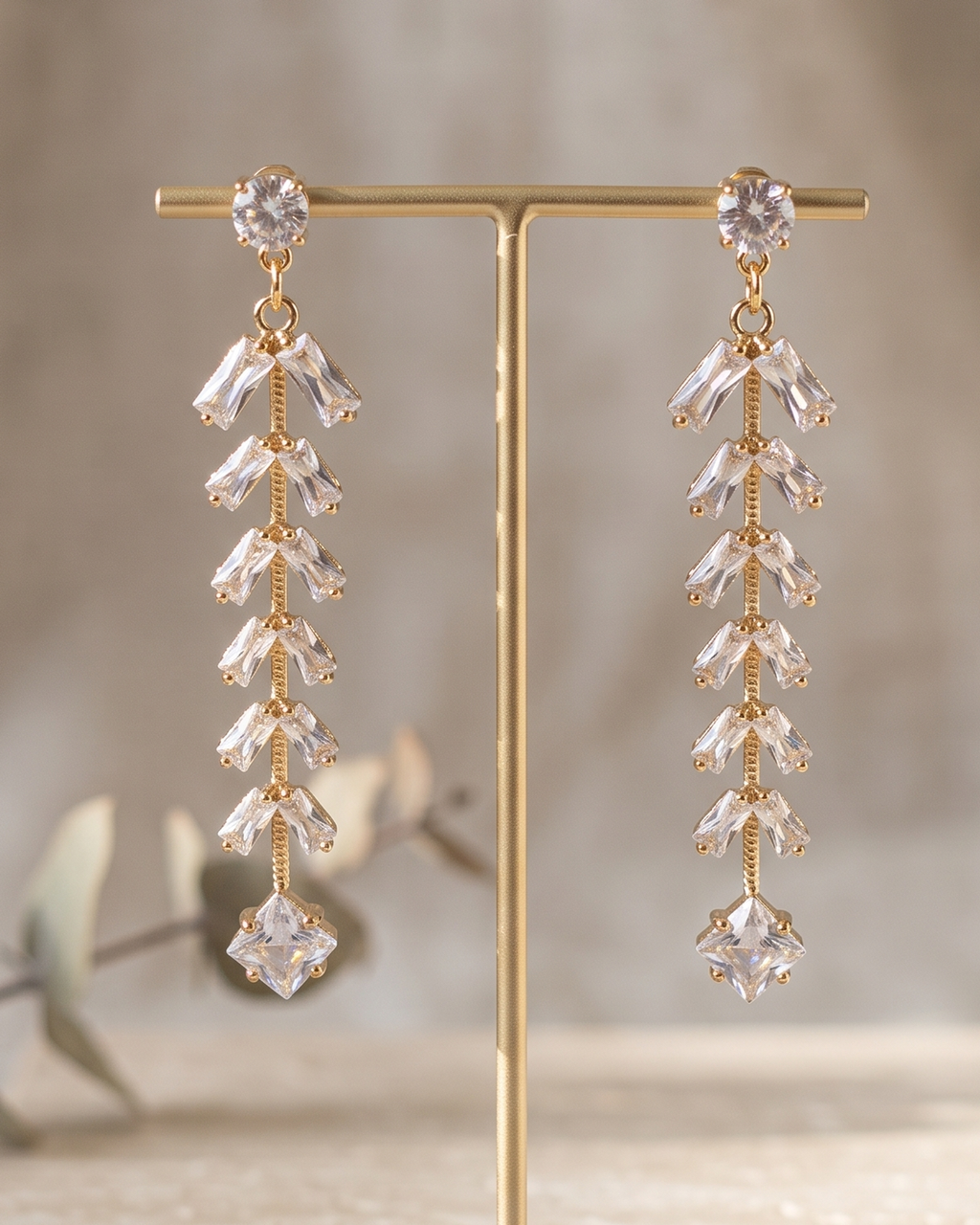 Crystal Leaf Drop Earrings (American Diomond)