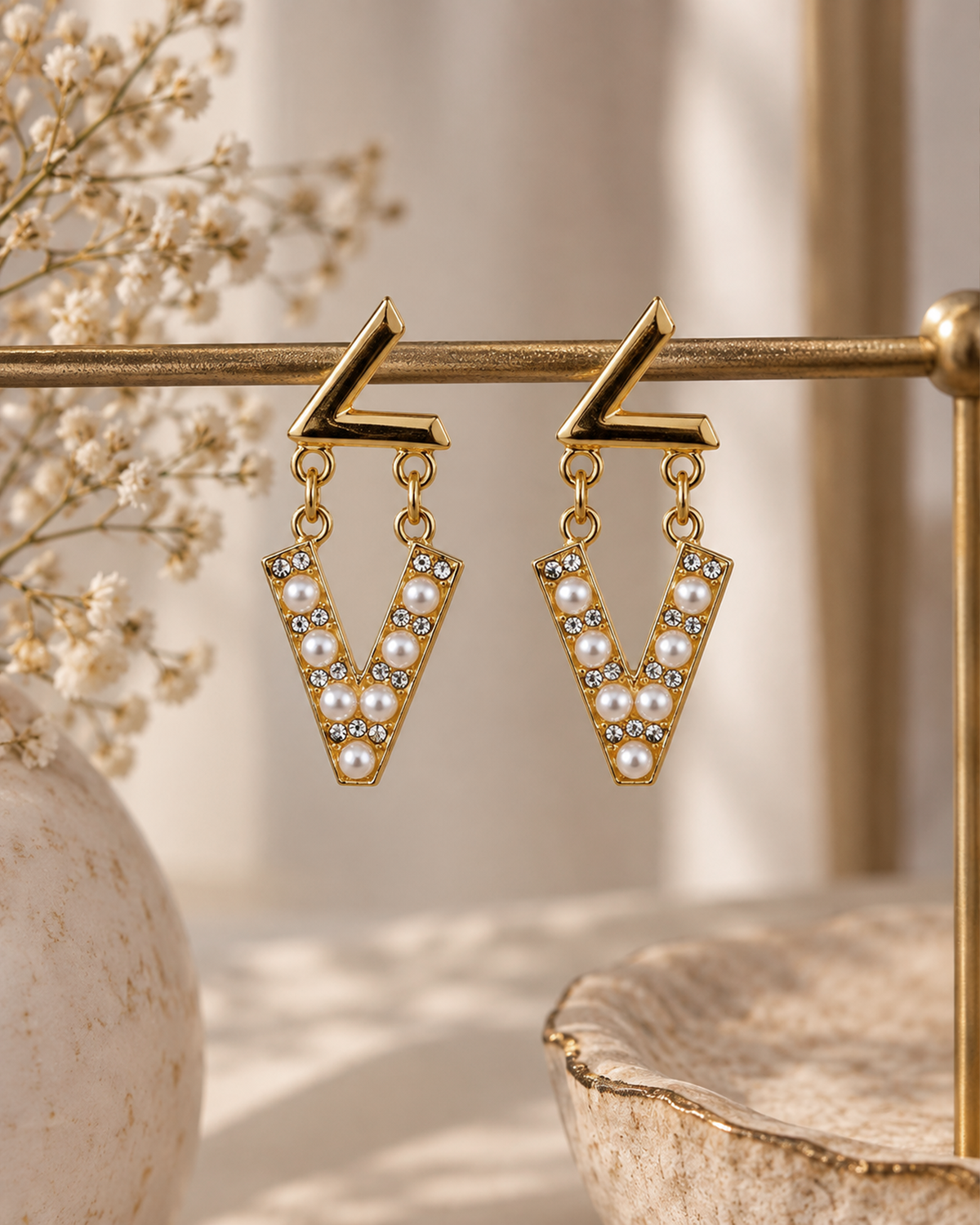 Pearl V-Shaped Statement Drop Earrings