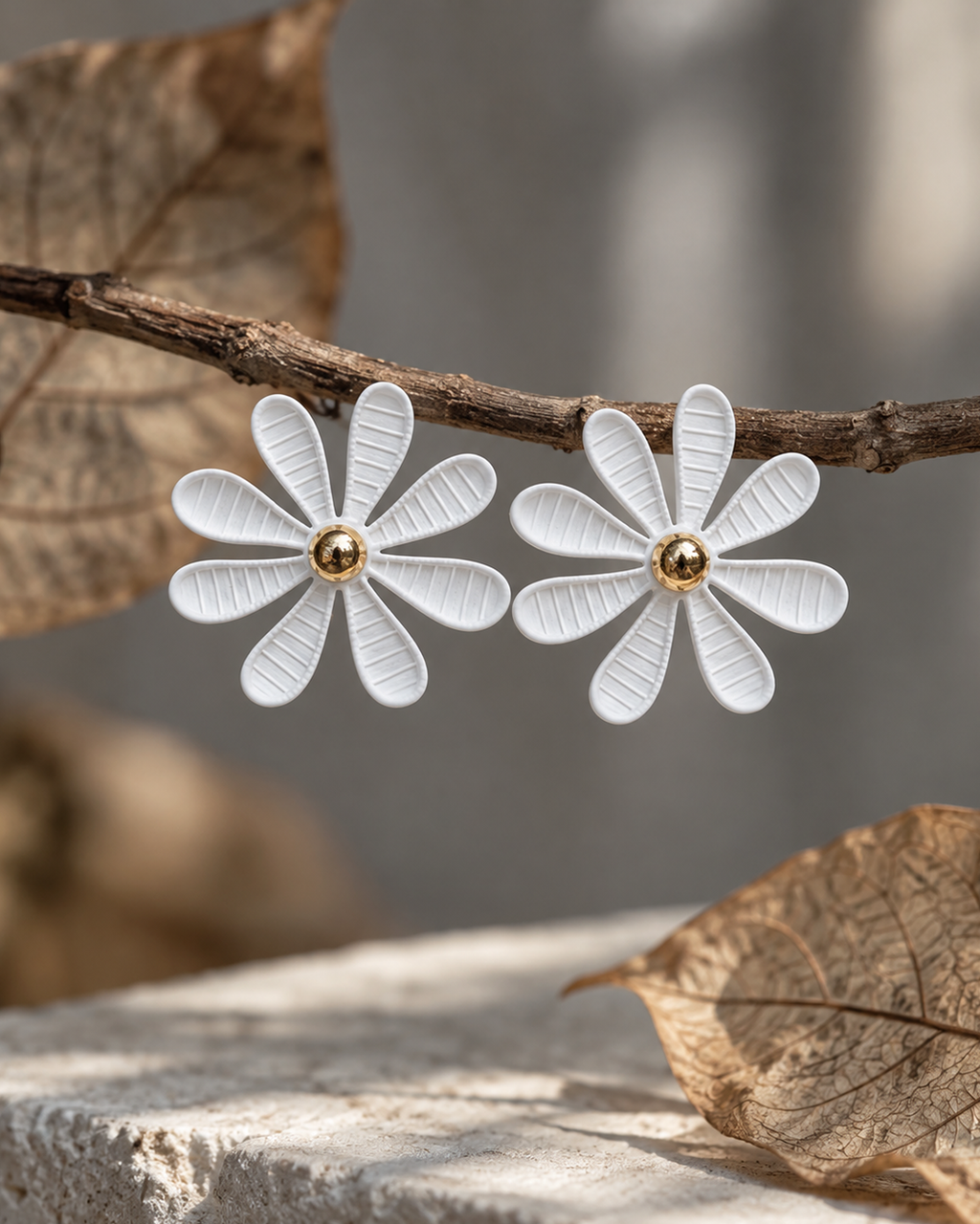 White Daisy Flower Stud Earrings