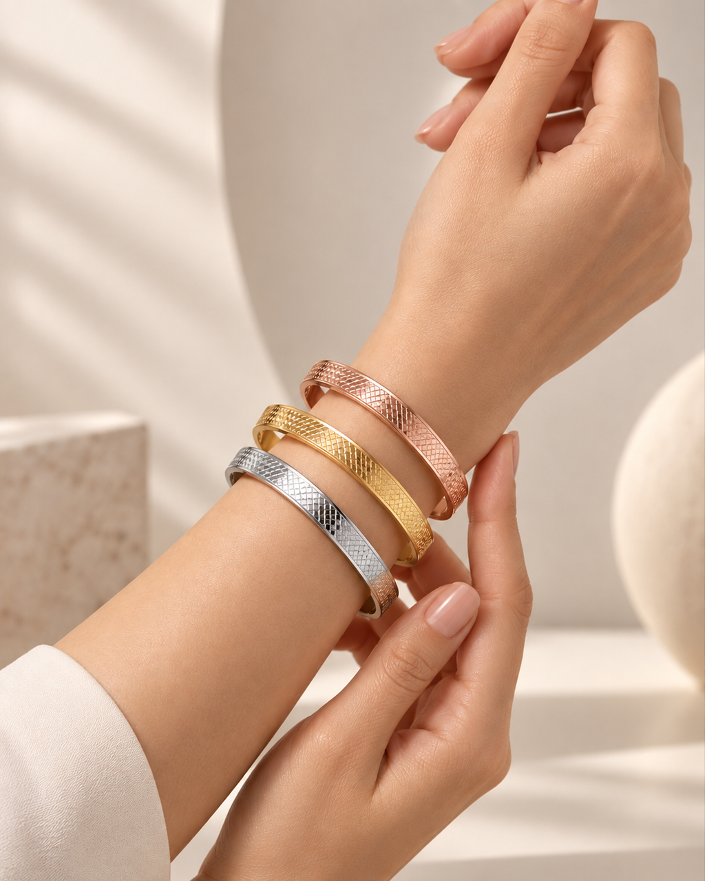 Textured Bangle Bracelet Set - Pack of 3 (Anti Tarnish)
